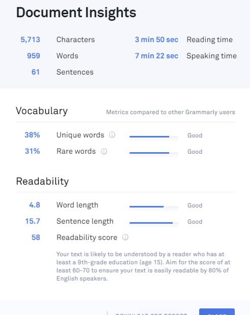 grammarly premium document insights and sentence structure
