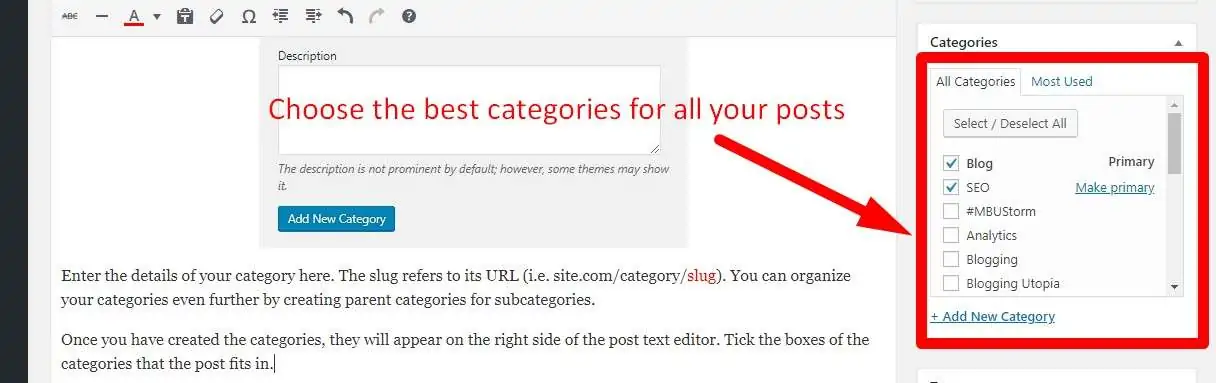 wordpress categories text editor