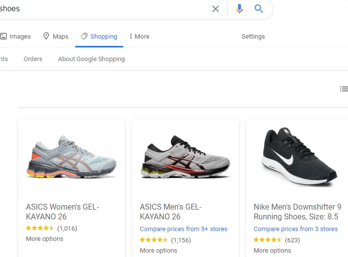 Image of the results in Shopping section