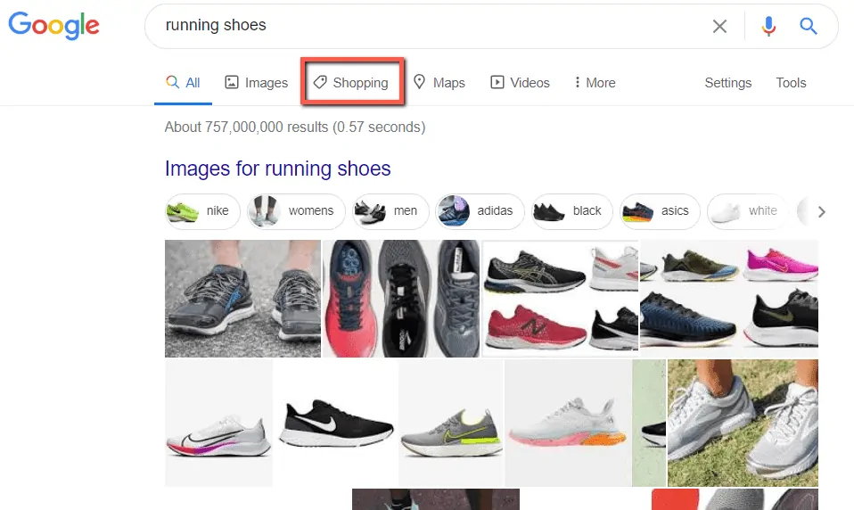 Image for the location of Shopping section on Google