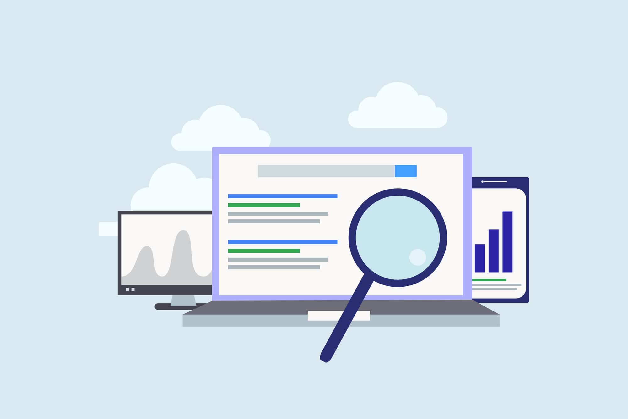 Keywording, SEO keyword research, keywords ranking illustration concept for web landing page template, banner, flyer and presentation