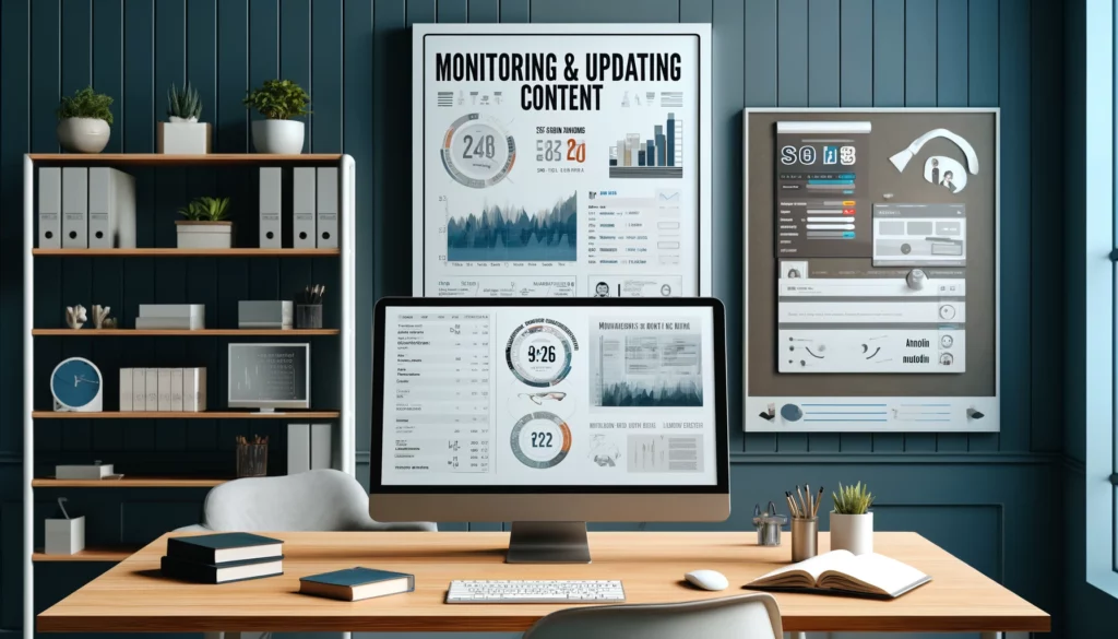 Here is the digital poster titled "Monitoring and Updating Content" designed for an SEO content audit context. The scene captures a modern office setup with essential tools for managing and enhancing website content. 