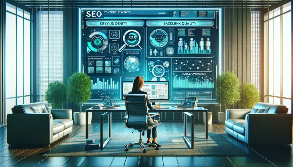 Here is the digital poster titled "Evaluating SEO Elements" designed for an SEO content audit context. The image portrays a professional setting with detailed analysis of essential SEO metrics. 