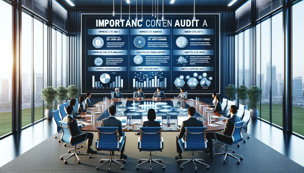 Here is the digital poster titled "Importance of a Content Audit" designed for an SEO content audit context. The scene captures a strategic meeting with SEO professionals discussing key benefits of content audits. 