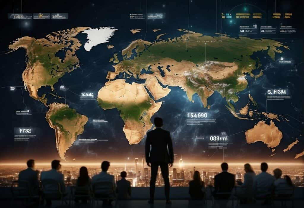 people from different parts of the globe looking at an infographic at the same monitor