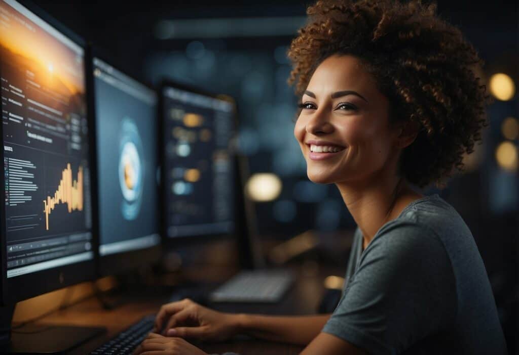 a graphic designer similing in front of her PC monitor designing a really good infographic