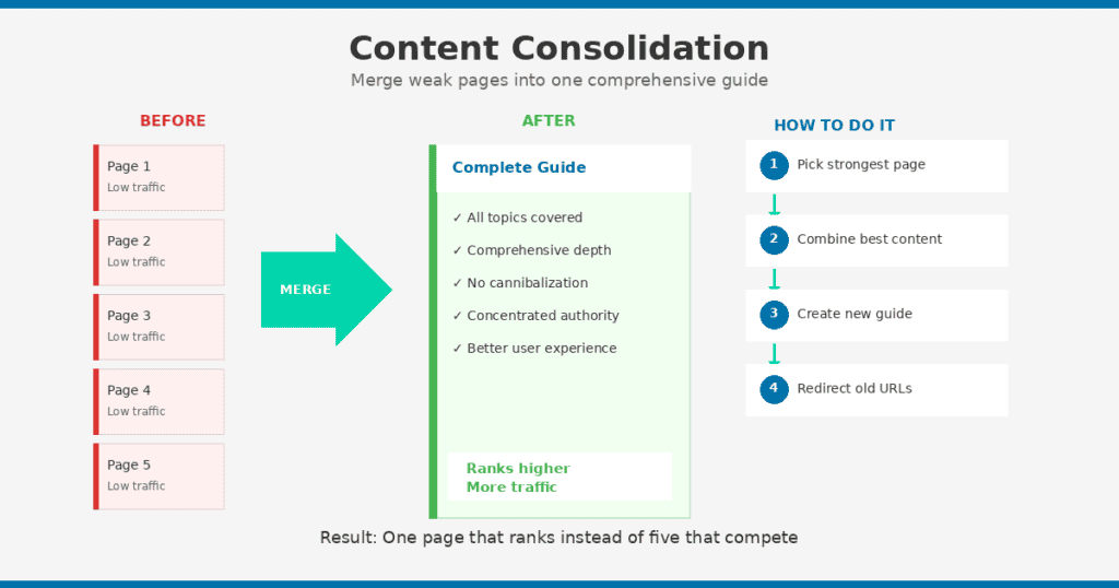 Infographic showing content consolidation process. Before: 5 separate pages with low traffic. After merging: 1 complete guide with all topics covered, comprehensive depth, no cannibalization, concentrated authority, and better user experience. Results in higher rankings and more traffic. Four-step process: 1) Pick strongest page, 2) Combine best content, 3) Create new guide, 4) Redirect old URLs. Result: One page that ranks instead of five that compete.
