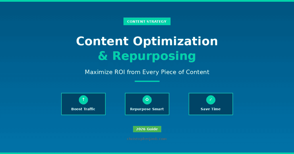 Featured image for Content Optimization and Repurposing guide. Title reads Content Optimization & Repurposing with subtitle Maximize ROI from Every Piece of Content. Three key benefits highlighted: Boost Traffic, Repurpose Smart, and Save Time. Tagged as Content Strategy and 2026 Guide from christopherjanb.com.