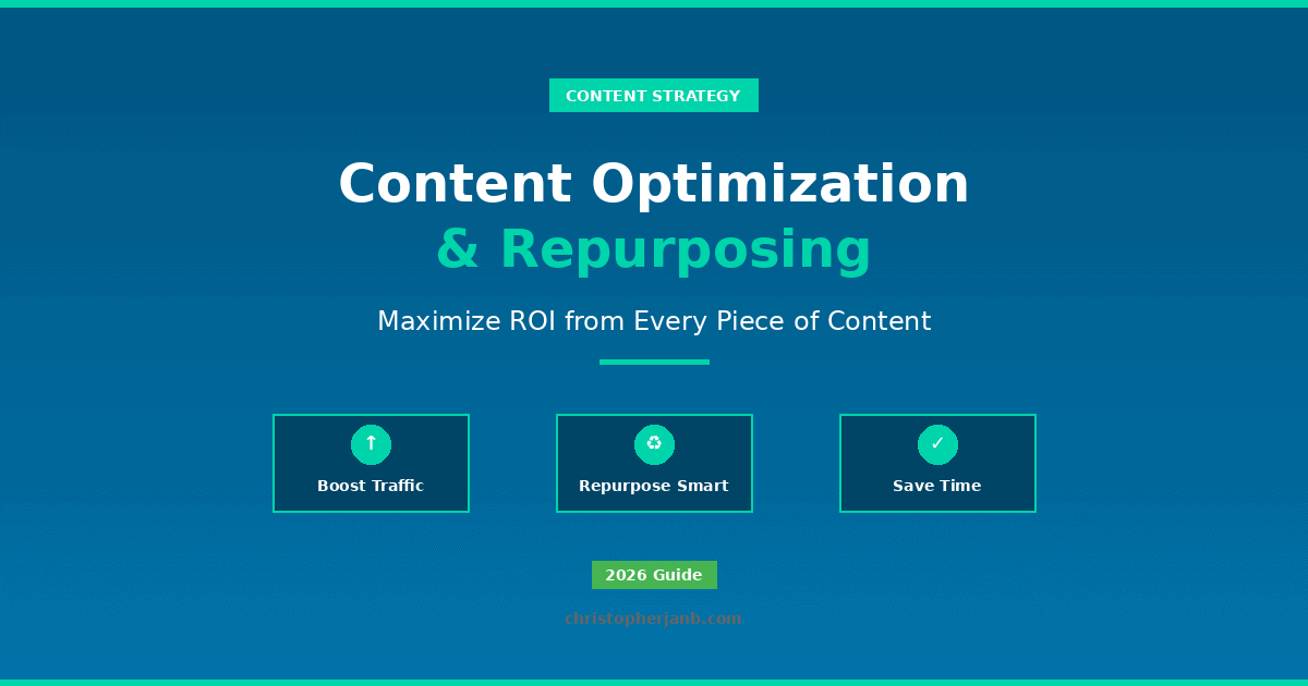 Featured image for Content Optimization and Repurposing guide. Title reads Content Optimization & Repurposing with subtitle Maximize ROI from Every Piece of Content. Three key benefits highlighted: Boost Traffic, Repurpose Smart, and Save Time. Tagged as Content Strategy and 2026 Guide from christopherjanb.com.