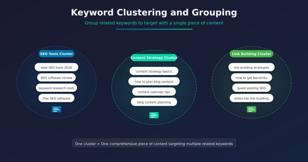 Keyword clustering diagram showing three topic clusters: SEO Tools Cluster with keywords like best SEO tools 2026 and keyword research tools, Content Strategy Cluster with keywords like content strategy basics and blog content planning, and Link Building Cluster with keywords like link building strategies and how to get backlinks, each cluster targeting multiple related keywords with one piece of content