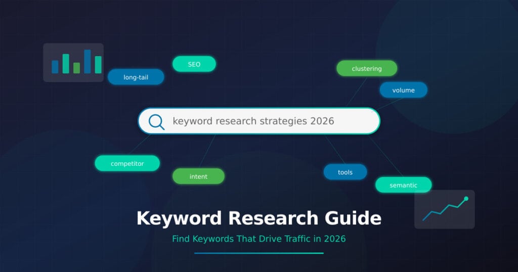 Keyword research guide featured image showing a search bar with floating keyword tags including long-tail, SEO, clustering, and semantic keywords, plus analytics charts