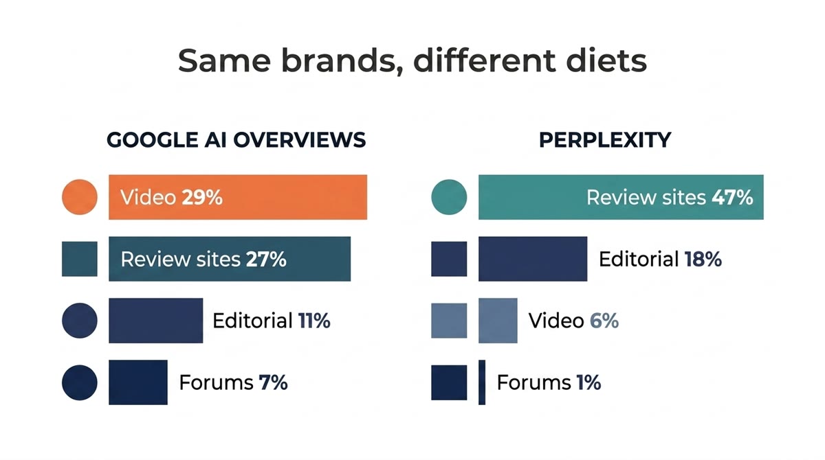 Bar charts comparing source mix: Google AI Overviews cites video 29% of the time while Perplexity cites review sites 47% of the time