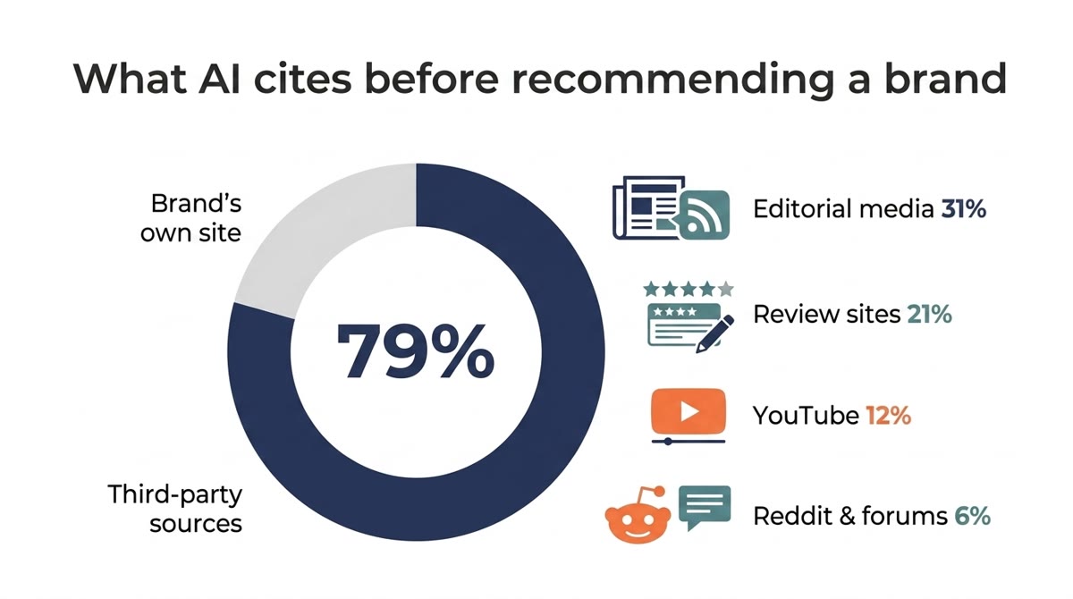 Donut chart: 79% of AI-cited sources are third parties, with editorial media, review sites, YouTube, and forums leading